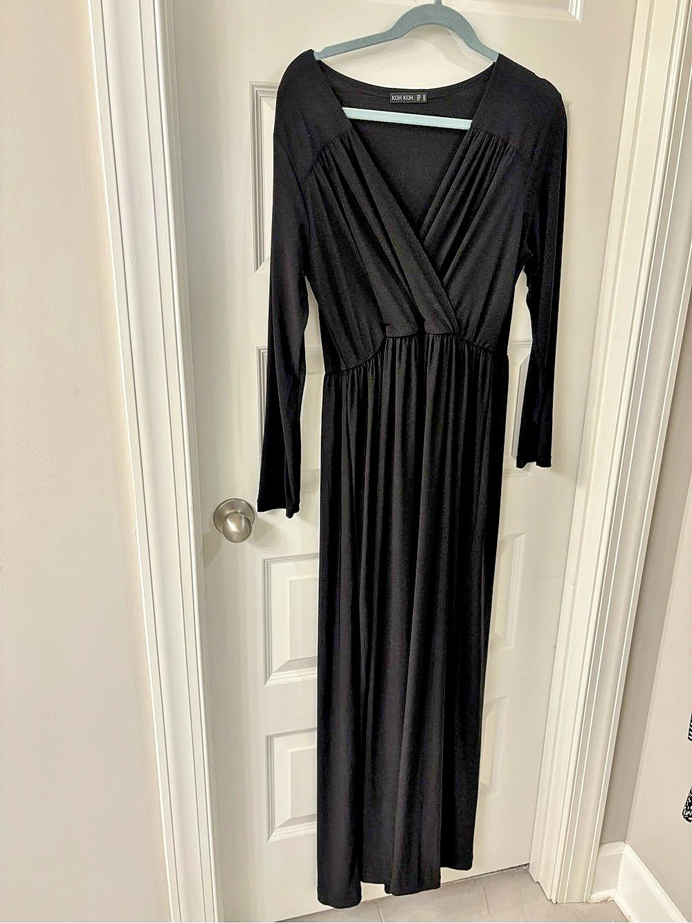 KOH Long Sleeve V-Neck Empire Waist Maxi Dress Black XL